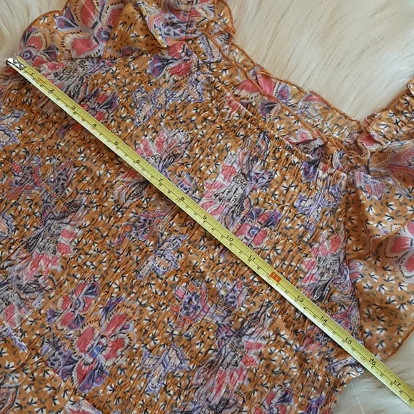Nanette Lepore Burnt Orange Floral Print Ruched Ruffle Bottom Top, Large, NWT - Picture 11 of 12